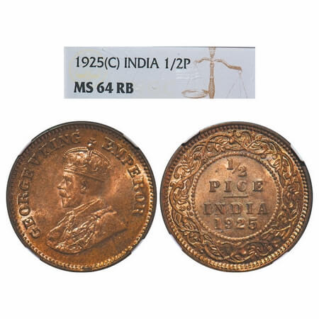 George V, Bronze, 1/2 Pice, 1925, Calcutta Mint, No mint mark. F. Prid 758. GK 1211. NGC S