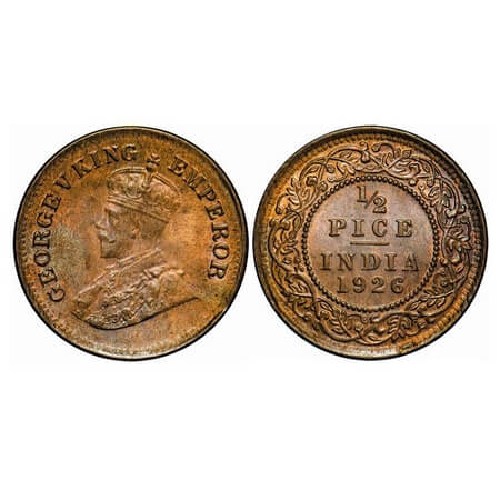 George V, Bronze, 1/2 Pice, 1926, Calcutta Mint, No mint mark. F. Prid 759. GK 1212. Uncir