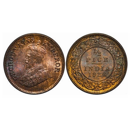 George V, Bronze, 1/2 Pice, 1926, Calcutta Mint, No mint mark. F. Prid 759. GK 1212. Brill