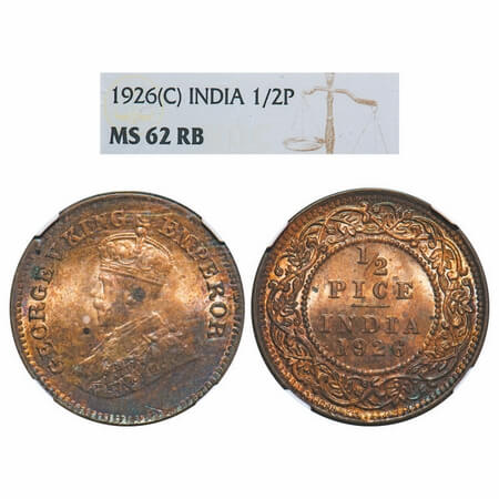 George V, Bronze, 1/2 Pice, 1926, Calcutta Mint, No mint mark. F. Prid 759. GK 1212. NGC S