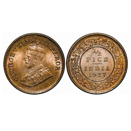 George V, Bronze, 1/2 Pice, 1927, Calcutta Mint, No dot. F. Prid 760. GK 1213. Uncirculted