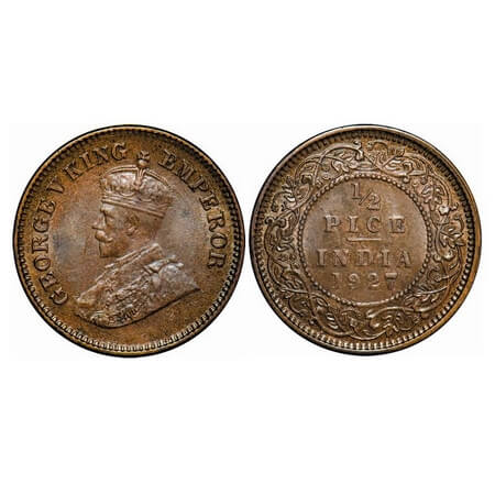 George V, Bronze, 1/2 Pice, 1927, Calcutta Mint, No mint mark, Ghost on Rev, Alphabate 'P'
