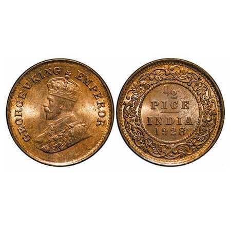 George V, Bronze, 1/2 Pice, 1928, Calcutta Mint, No mint mark. F. Prid 761. GK 1214. Uncir