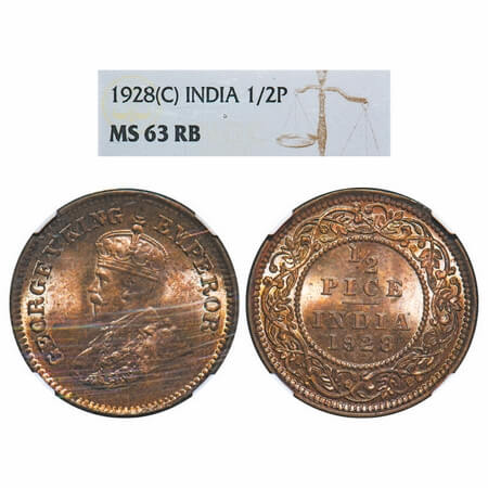 George V, Bronze, 1/2 Pice, 1928, Calcutta Mint, No mint mark. F. Prid 761. GK 1214. NGC S
