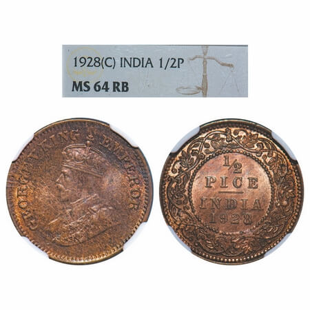 George V, Bronze, 1/2 Pice, 1928, Calcutta Mint, No mint mark. F. Prid. 761. GK 1214. NGC 