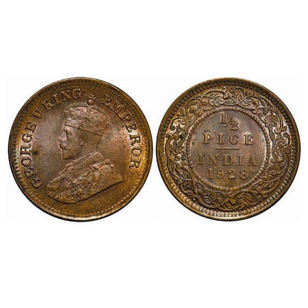 George V, Bronze, 1/2 Pice, 1928, Calcutta Mint, No mint mark. F. Prid 761. GK 1214. Brill