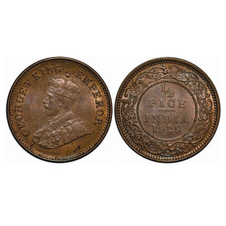 George V, Bronze, 1/2 Pice, 1929, Calcutta Mint, No mint mark. F. Prid 762. GK 1215. Uncir