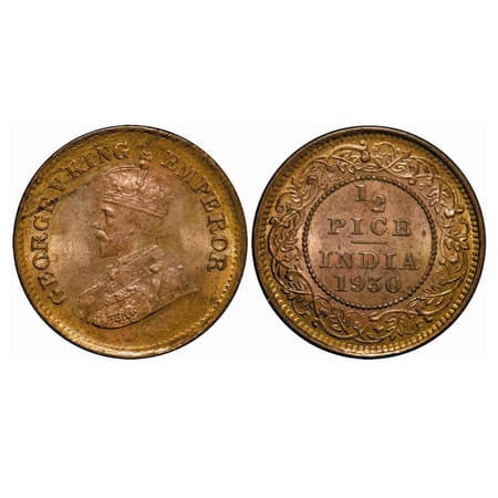 George V, Bronze, 1/2 Pice, 1930, Calcutta Mint, No mint mark. F. Prid 763. GK 1216. Uncir
