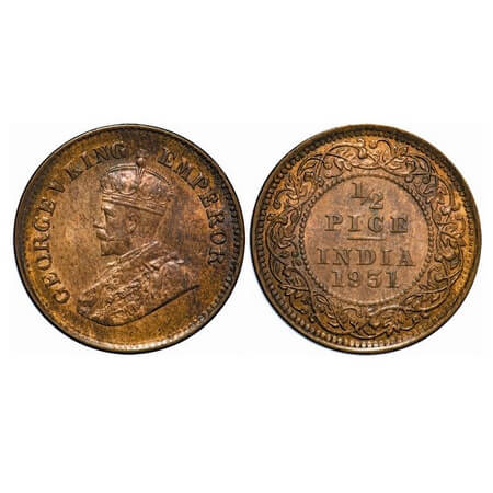 George V, Bronze, 1/2 Pice, 1931, Calcutta Mint, No mint mark. F. Prid 764. GK 1217. Brill