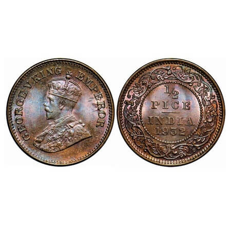 George V, Bronze, 1/2 Pice, 1932, Calcutta Mint, No mint mark. F. Prid 765. GK 1218. Brill