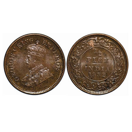 George V, Bronze, 1/2 Pice, 1932, Calcutta Mint, No mint mark. F. Prid 765. GK 1218. Brill