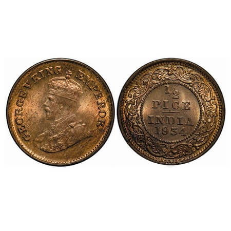 George V, Bronze, 1/2 Pice, 1934, Calcutta Mint, No mint mark. F. Prid 767. GK 1220. Brill