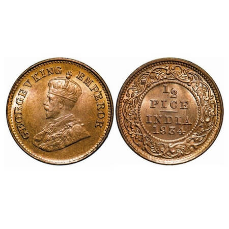 George V, Bronze, 1/2 Pice, 1934, Calcutta Mint, No mint mark. F. Prid 767. GK 1220. Brill