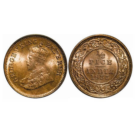 George V, Bronze, 1/2 Pice, 1935, Calcutta Mint, No mint mark. F. Prid 768. GK 1221. Brill