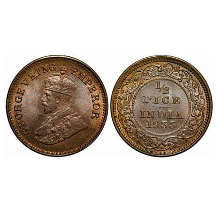 George V, Bronze, 1/2 Pice, 1935, Calcutta Mint, No mint mark. F. Prid 768. GK 1221. Brill
