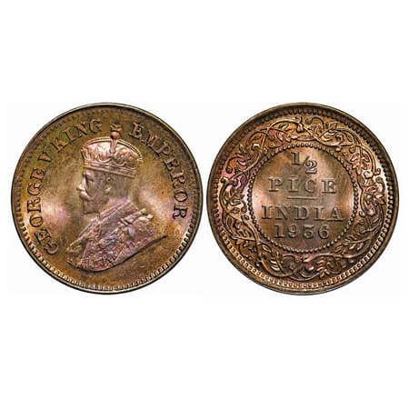 George V, Bronze, 1/2 Pice, 1936, Calcutta mint, No mint mark. F. Prid 769. GK 1222. Brill