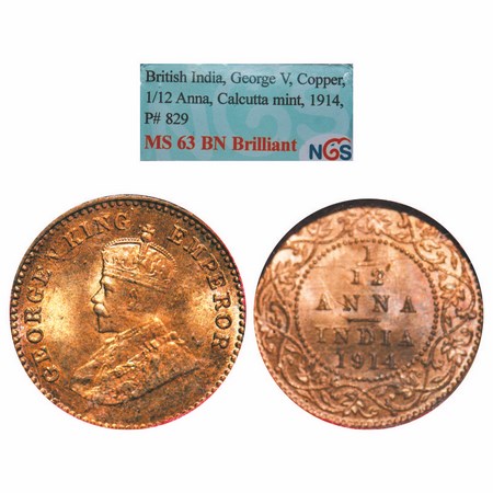 George V, Bronze, 1/12 Anna, 1914, Calcutta Mint, No dot. F. Prid 829. GK 1225. NGS Slabbe