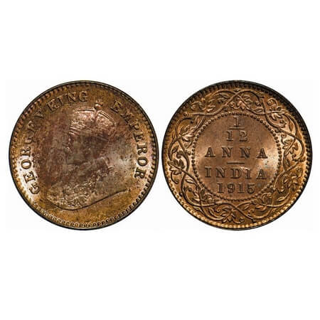 George V, Bronze, 1/12 Anna, 1915, Calcutta Mint, No dot. F. Prid. 830. GK 1226. Brilliant