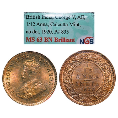 George V, Bronze, 1/12 Anna, 1920, Calcutta Mint, No dot. F. Prid 835. GK 1231. NGS Slabbe