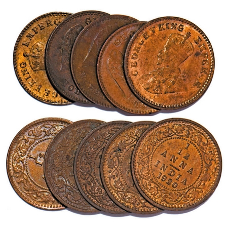 George V, Bronze, 1/12 Anna, 1920, (lot of 5 coins), Calcutta Mint, No dot. F. Prid 835. G