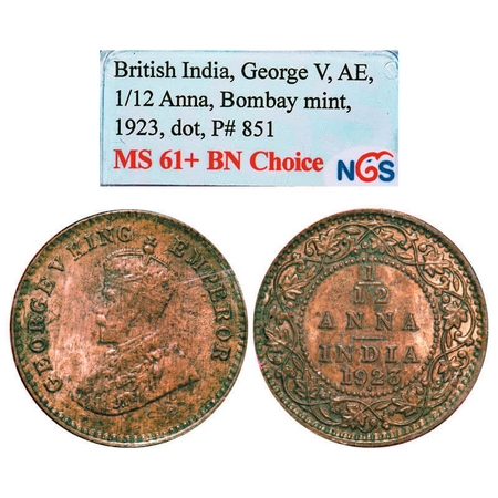 George V, Bronze, 1/12 Anna, 1923, Bombay Mint, Dot. F. Prid. 851. GK 1233. NGS Slabbed MS