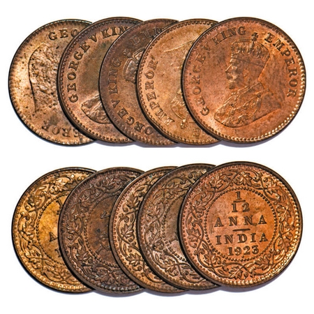 George V, Bronze, 1/12 Anna, 1923, (lot of 5 coins), Bombay Mint, Dot. F. Prid 851. GK 123