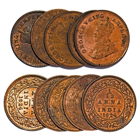 George V, Bronze, 1/12 Anna, 1924, (lot of 5 coins), Bombay Mint, Dot. F. Prid 852. GK 123