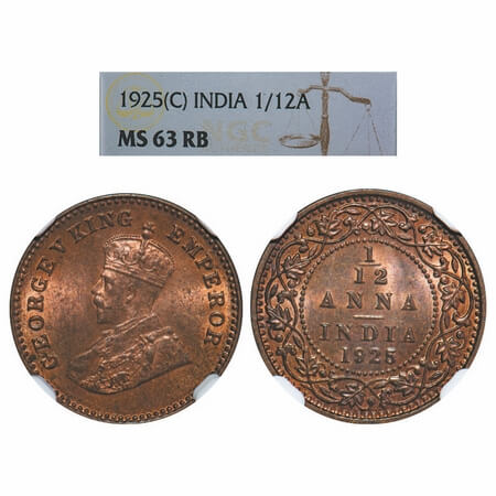 George V, Bronze, 1/12 anna, 1925, Calcutta Mint, No dot. F. Prid. 839. GK 1238. NGC Slabb