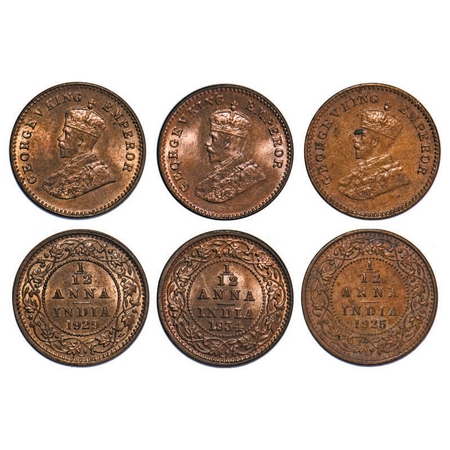 George V, Bronze, 1/12 Anna, (3 coins), 1925, 1929, 1934, Calcutta Mint, No dot. F. Prid 8