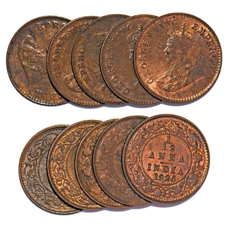 George V, Bronze, 1/12 Anna, 1926, (lot of 5 coins), Bombay Mint, Dot. F. Prid 854. GK 123