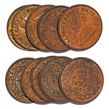 George V, Bronze, 1/12 Anna, 1927, (lot of 5 coins), Bombay Mint, Dot. F. Prid 855. GK 124