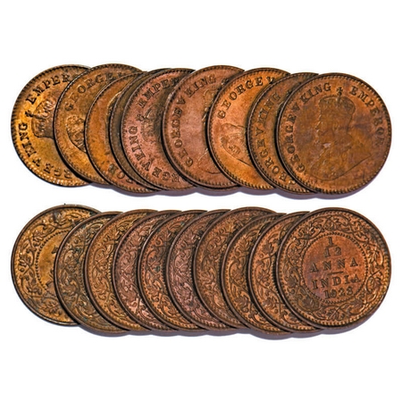 George V, Bronze, 1/12 Anna, 1928, (lot of 10 coins), Bombay Mint, Dot. F. Prid 856. GK 12