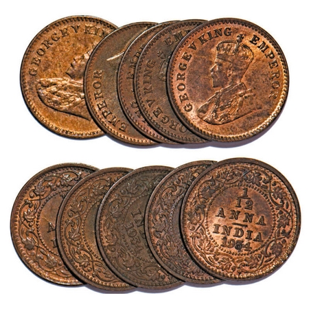 George V, Bronze, 1/12 Anna, 1934, (lot of 5 coins), Calcutta Mint, No dot. F. Prid 848. G
