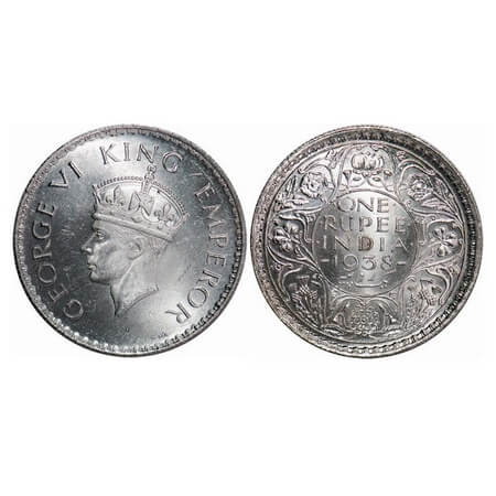 George VI, Silver, Rupee, 1938, Bombay Mint, A/I, No dot, Milled edge. F. Prid. 233. GK 12