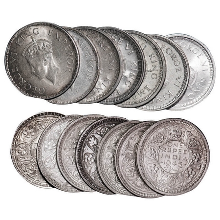 George VI, Half Silver, Rupee (lot of 7 coins), 1) 1940, Bombay Mint, A(a)/I, Dot, 2) 1941