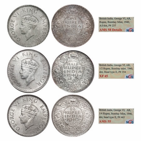 George VI, Half Silver, 1940, (3 slabs), 1) Rupee, Bombay Mint, A(a)/I, Dot, Security edge