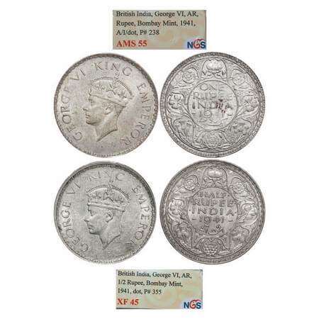 George VI, Half Silver, (2 slabs), 1941, 1) Rupee, Bombay Mint, A(a)/I, Dot, 2) Half Rupee