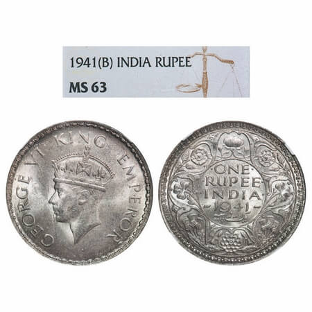 George VI, Half Silver, Rupee, 1941, Bombay Mint, A(a)/I, Dot, Security edge, Boarder teet