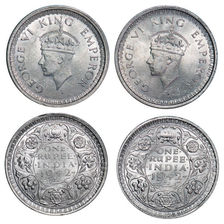 George VI, Half Silver, Rupee, 1942, (2 coins), Bombay Mint, Head Type II, Diamond, Securi