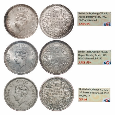 George VI, Half Silver, (3 slabs), 1942, 1) Rupee, Bombay Mint, B/II, Diamond, Security ed