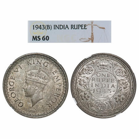 George VI, Half Silver, Rupee, 1943, Bombay Mint, B(a)/II, Diamond, Security edge, Small 3