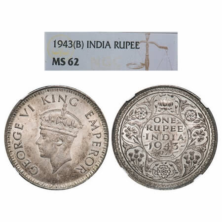 George VI, Half Silver, Rupee, 1943, Bombay Mint, A(b)/II, Diamond, Security edge, Small 3