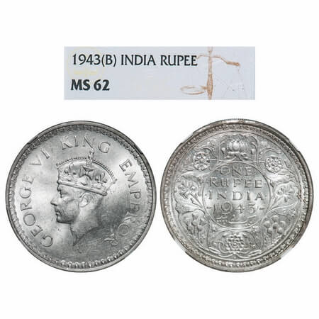 George VI, Half Silver, Rupee, 1943, Bombay Mint, C/II, Diamond mint mark, Security edge, 