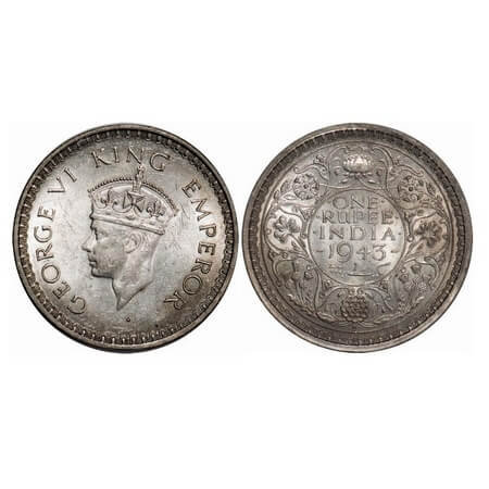 George VI, Half Silver, Rupee, 1943, Bombay Mint, C/III, Diamond, Security edge, Large 3. 