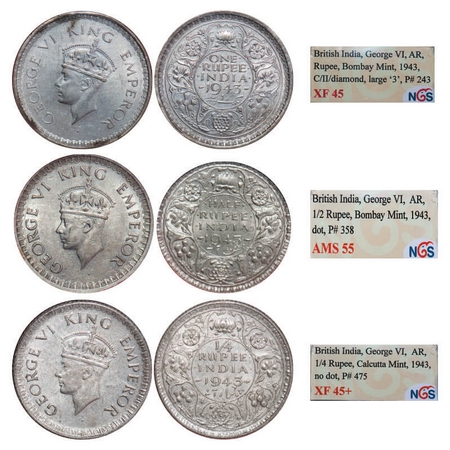 George VI, Half Silver, (3 slabs), 1943, 1) Rupee, Bombay Mint, C/III, Diamond, Security e