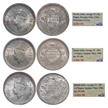 George VI, Half Silver, (3 slabs), 1944, 1) Rupee, Bombay Mint, B(a)/II, Dot, Security edg