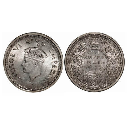 George VI, Half Silver, Rupee, 1944, Bombay Mint, D/II, Dot, Security edge, Ghost on Rev. 