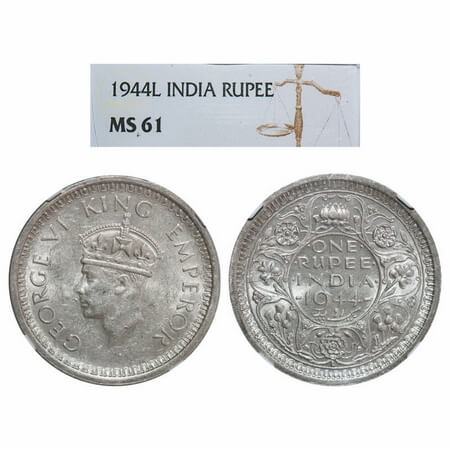 George VI, Half Silver, Rupee, 1944, Lahore Mint, D/II, 'L' raised, Security edge, Thick '