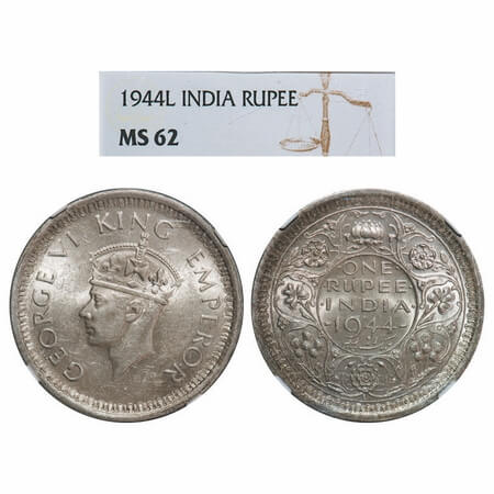 George VI, Half Silver, Rupee, 1944, Lahore Mint, D/II, 'L' raised, Security edge, Thin 'L