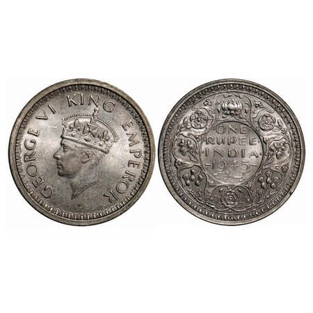 George VI, Half Silver, Rupee, 1945, Bombay Mint, D/II, Dot, Security edge, Normal 5. F. P